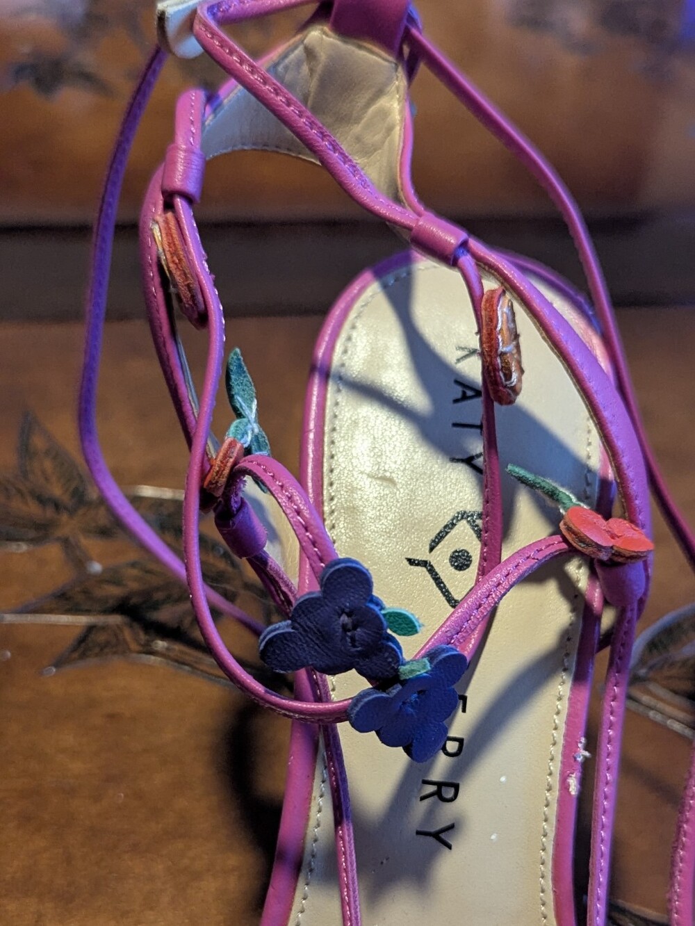 Bright Pink Lace-Up Women’s Heels With Fruit Accents - Picture 3 of 9